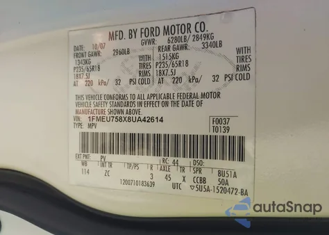 2008 Ford Explorer Limited из США, поврежденный, VIN 1FMEU758X8UA42614